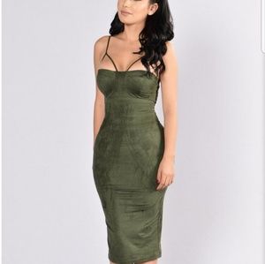 Never worn Olive green midi faux suede dress